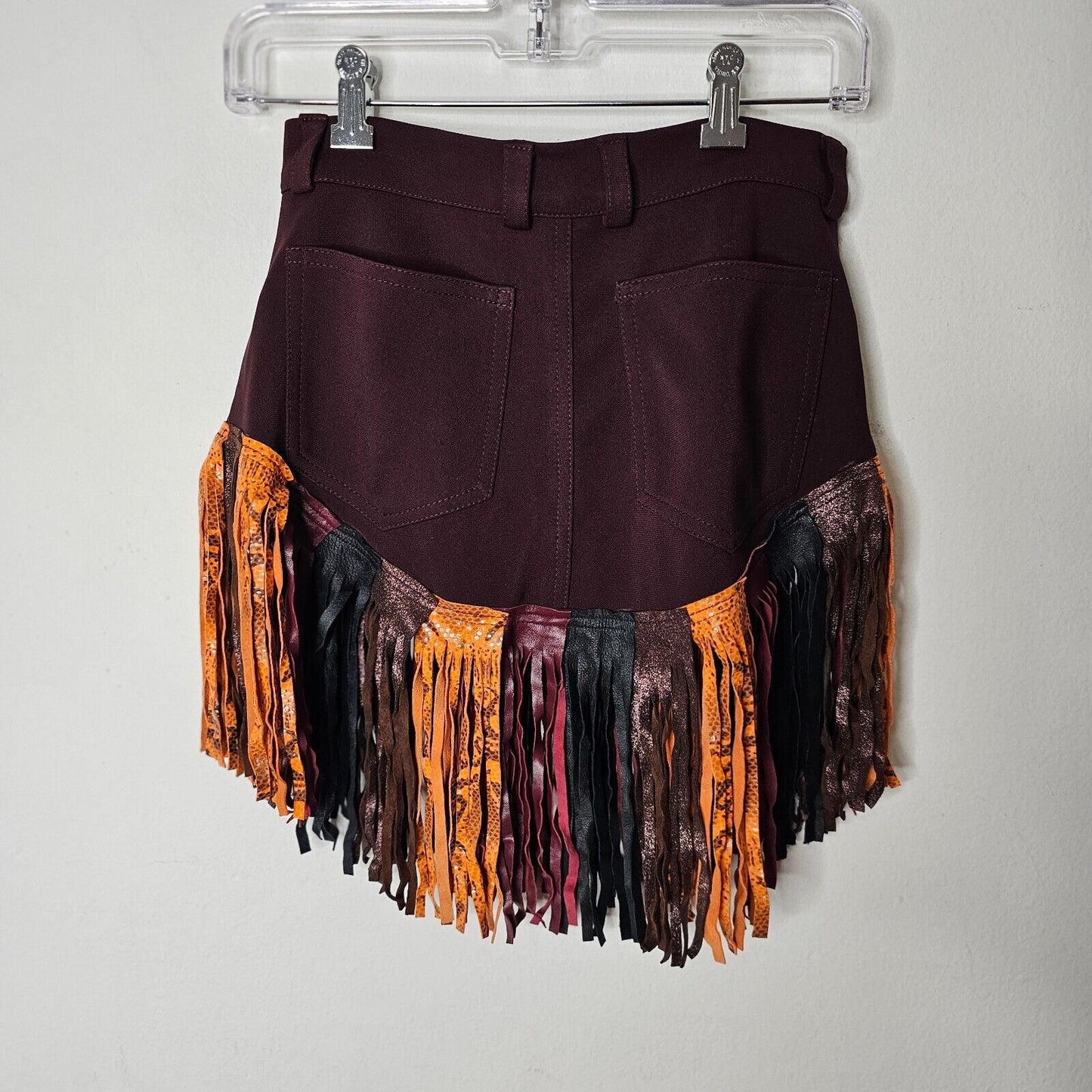 Burgundy Mini Skirt Snake Print Orange Black Shimmer Brown Leatherette Tassels M