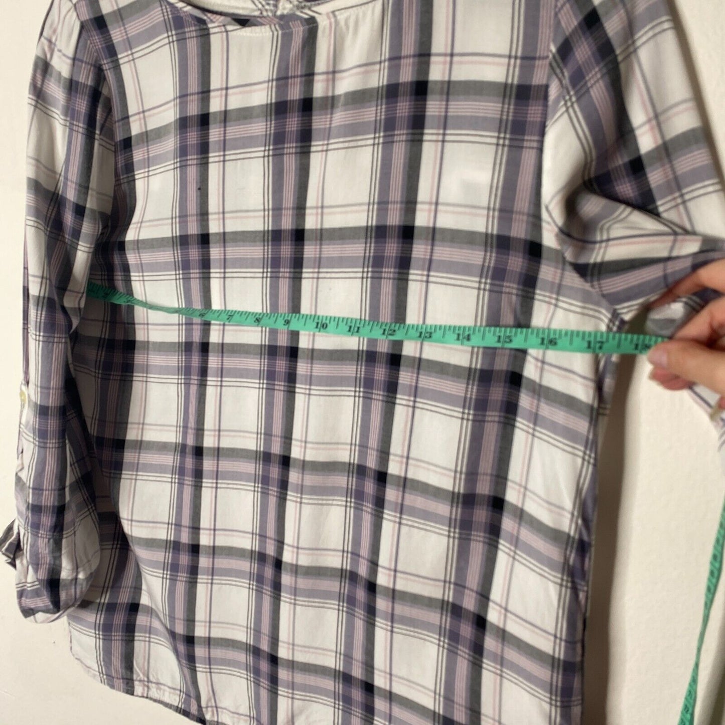 Loft Lavender Plaid Flowy Roll-Tab Sleeve Shirred Back Keyhole Button Blouse SP