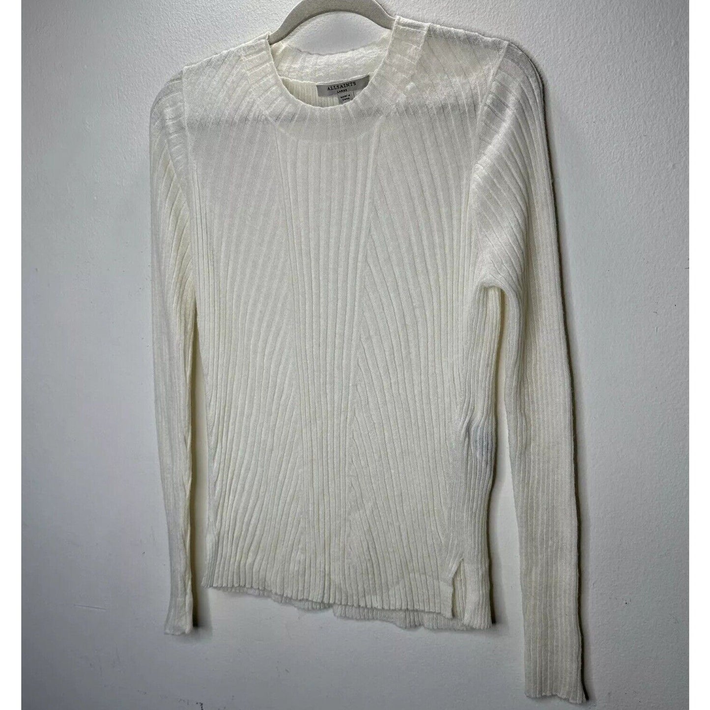 Allsaints Cream Ribbed Design Long Sleeve Round Neck Thin Light Sweater L