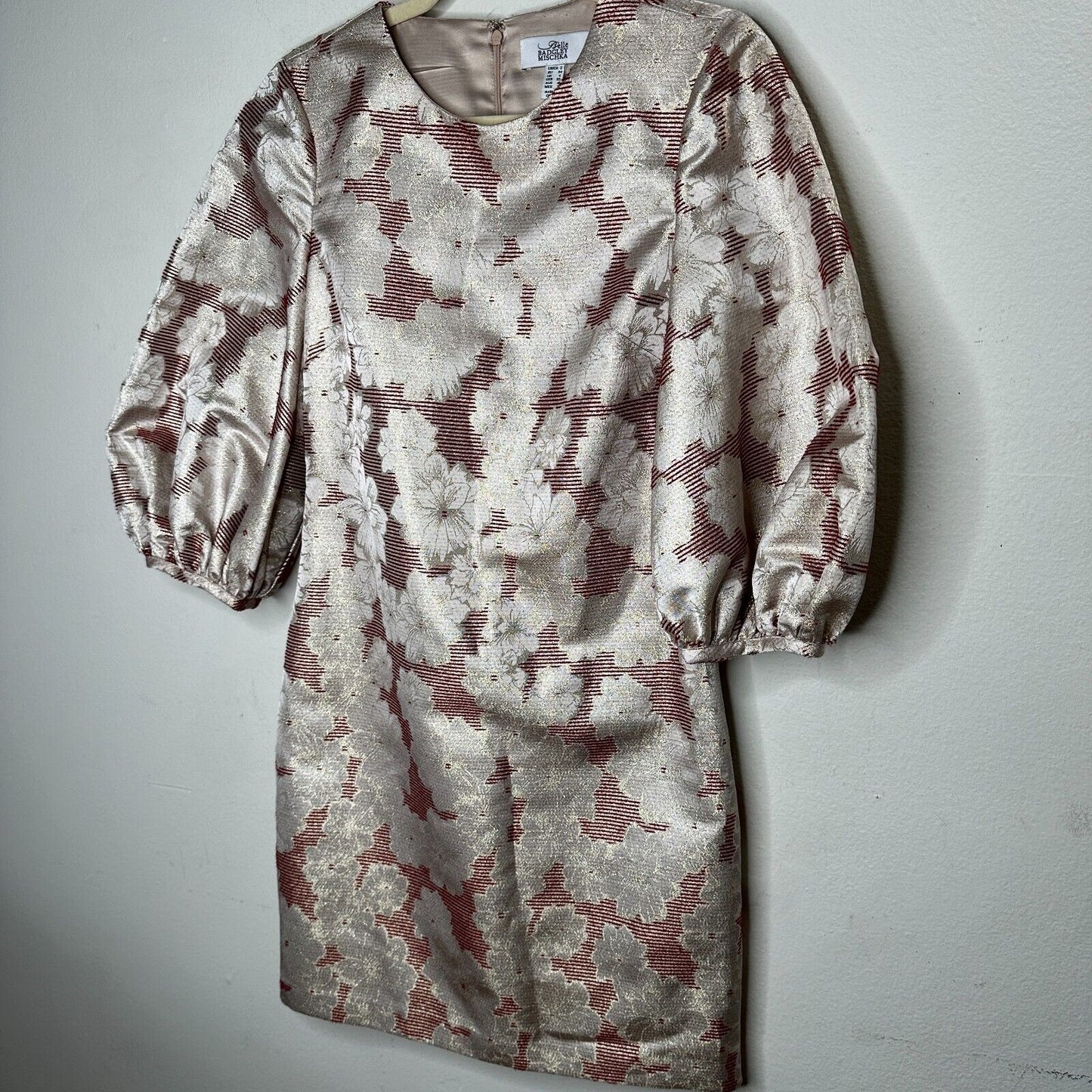 Belle Badgley Mischka Red & Gold Metallic Stripe Floral Balloon Sleeve Dress 2