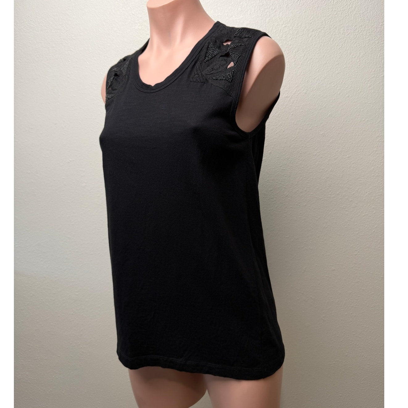 Pepin Black Beaded Shoulder Sleeveless Scoop Neck Top XS