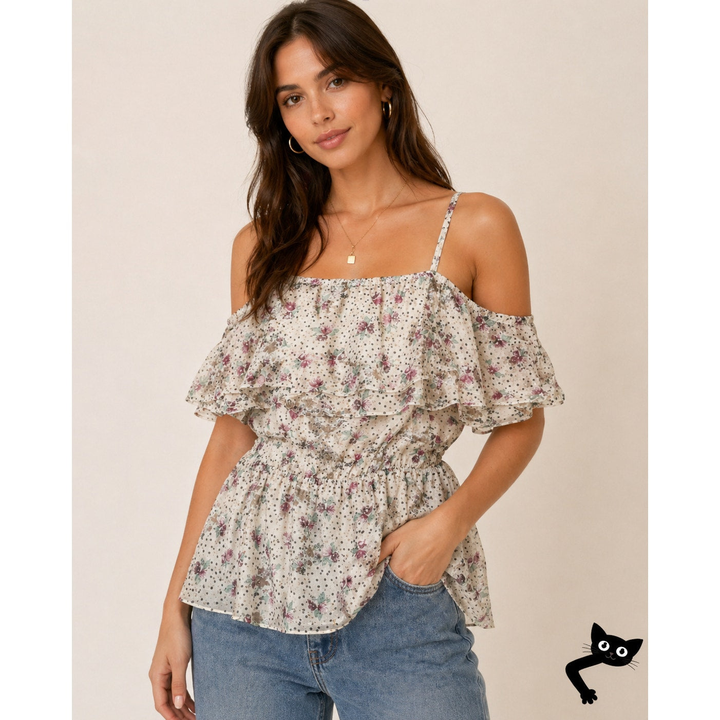 NWT Ella Moss White Purple Gold Metallic Dot Spaghetti Strap Ruffle Top L
