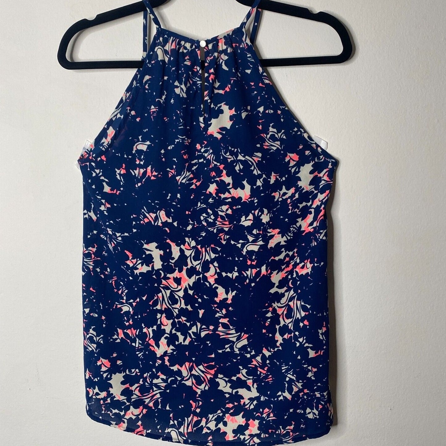 Allison Joy Cassidy Tank Navy Pink Keyhole VNeck Sleeveless Back Button XS
