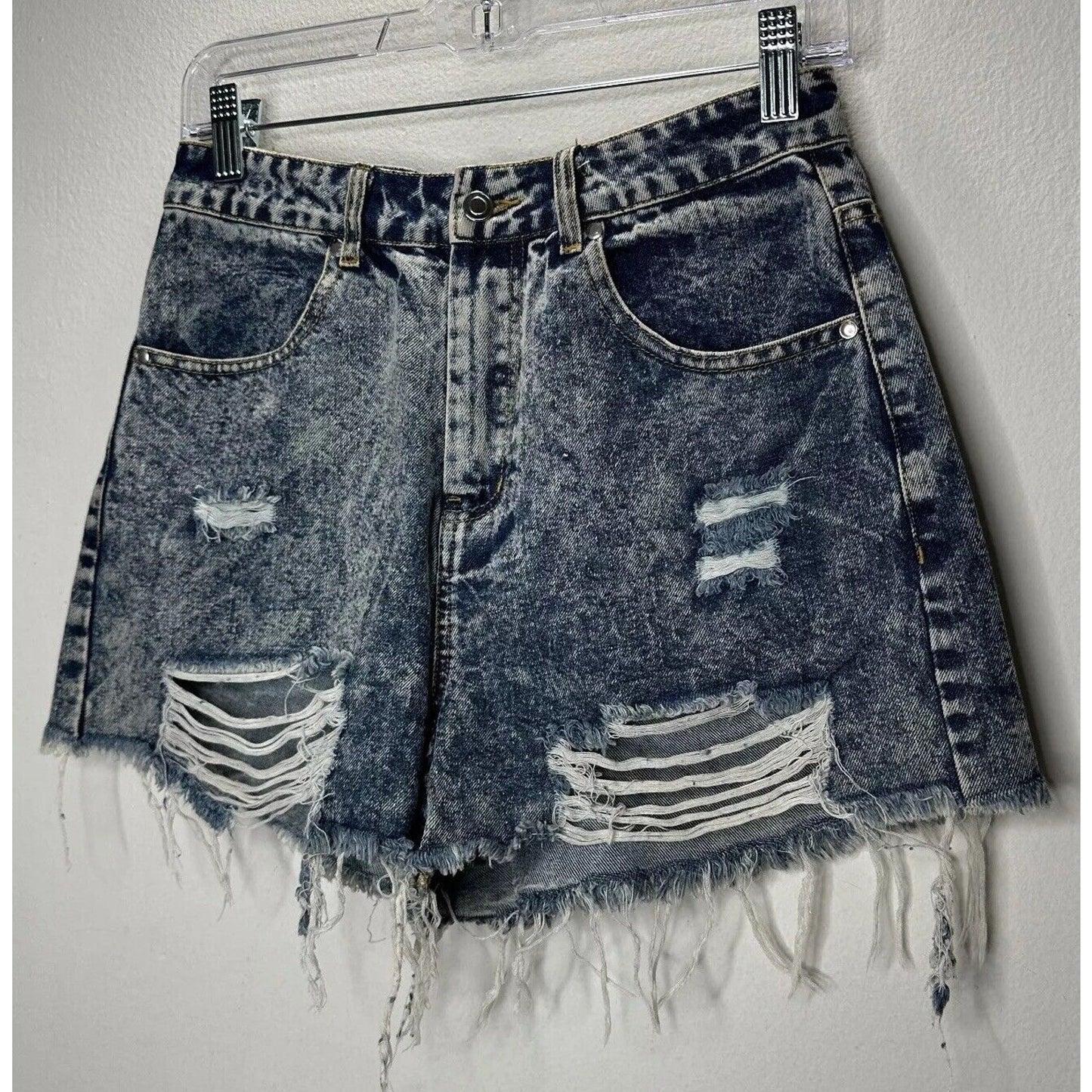 Hyfve Medium Blue Acid Wash Distressed Raw Hem High Waist Jean Shorts M