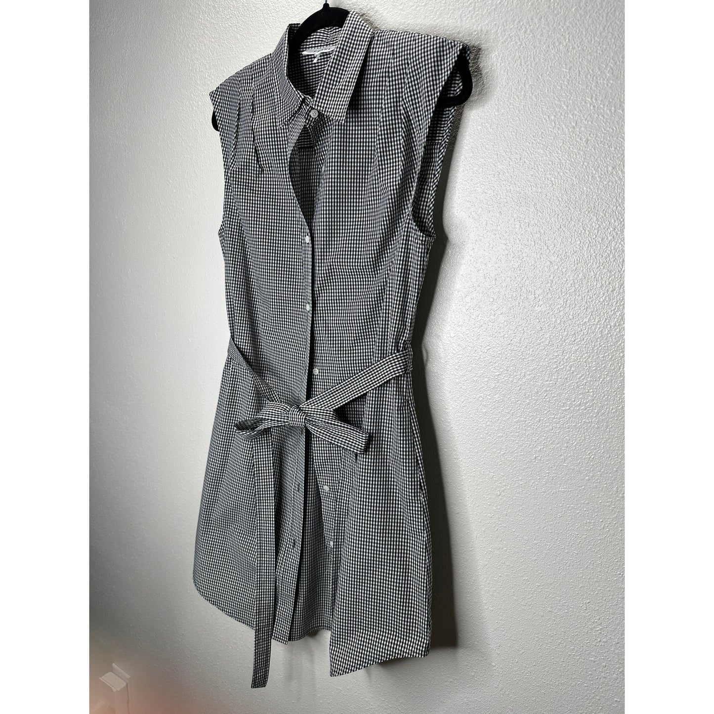 Frame Black & White Gingham Sleeveless Shoulder Pad Button Collared Shirtdress S