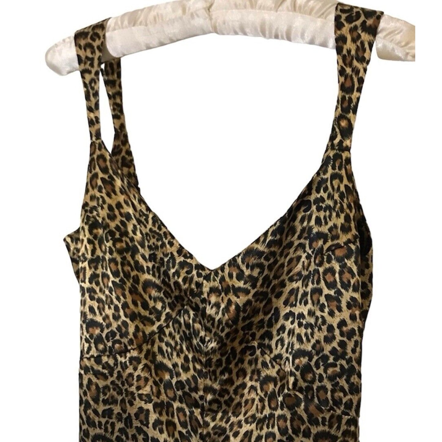 Dance & Marvel Tan Black Satin Cheetah Print V-Neck Front Slit Midi Dress L