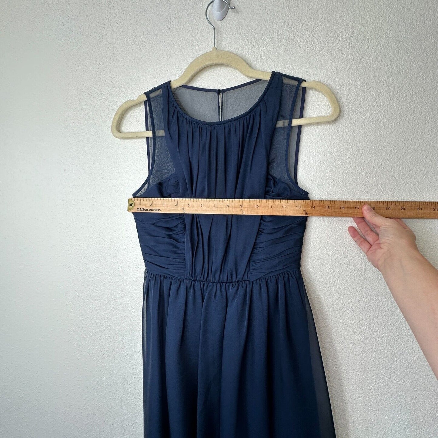 Hitherto Daylily Navy Sheer Shoulder Sleeveless Dress Ruched Side & Back Waist 0