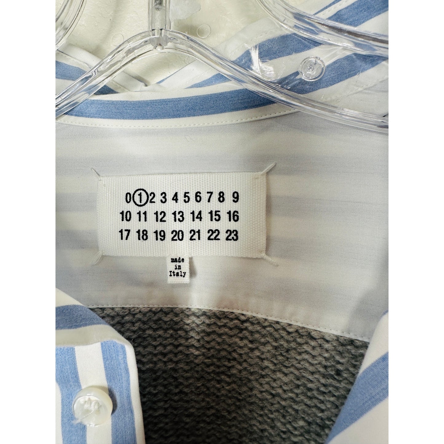 Maison Margiela Distressed Gray Vest Layered Blue & White Stripe Shirt