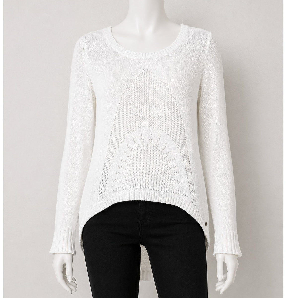 Billabong White Boat Neck High Low Shark Knit Pattern Sweater M
