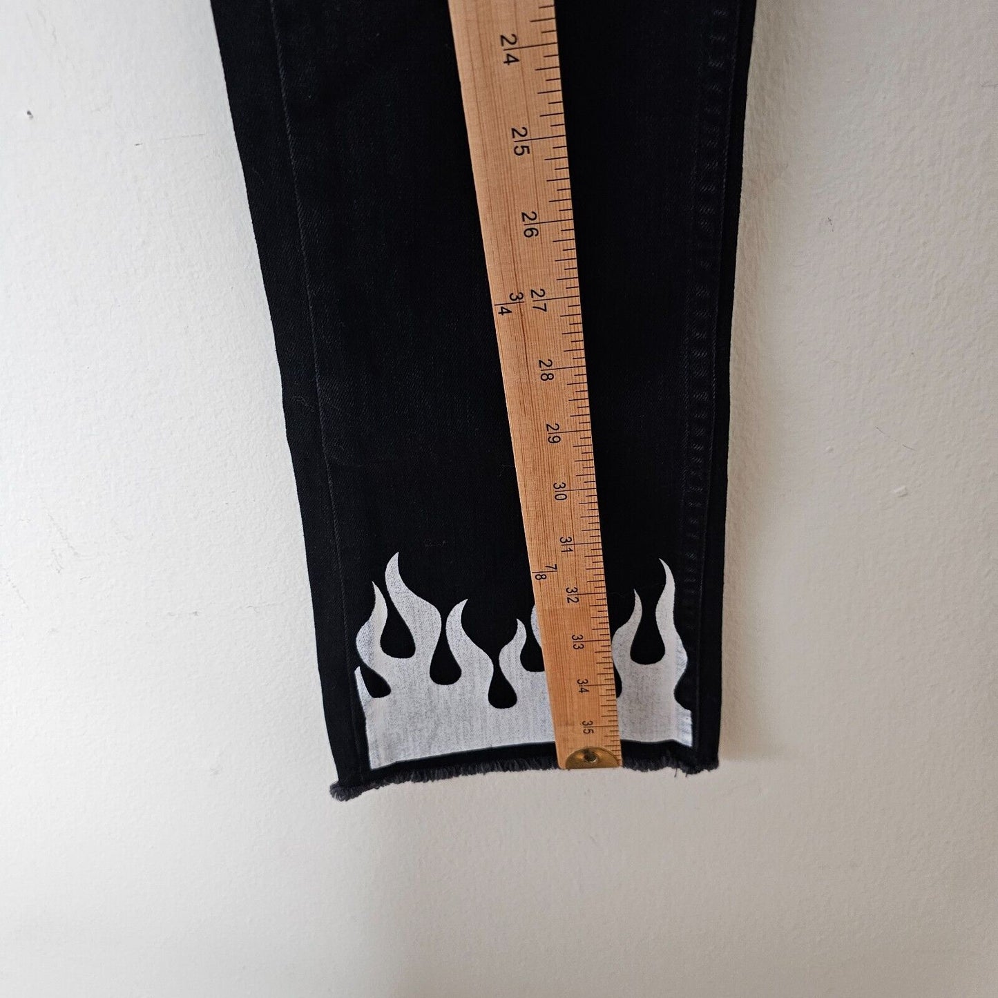 NWT Subdued Black Crop Flare Button Fly Raw Hem Front and Pocket White Flames 26