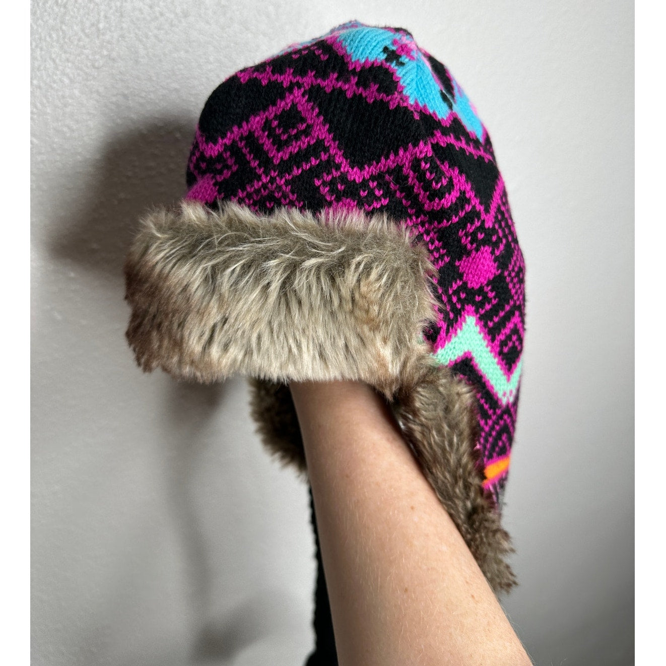 Billabong Pink Black Blue Knit with Faux Fur Trapper Hat OS