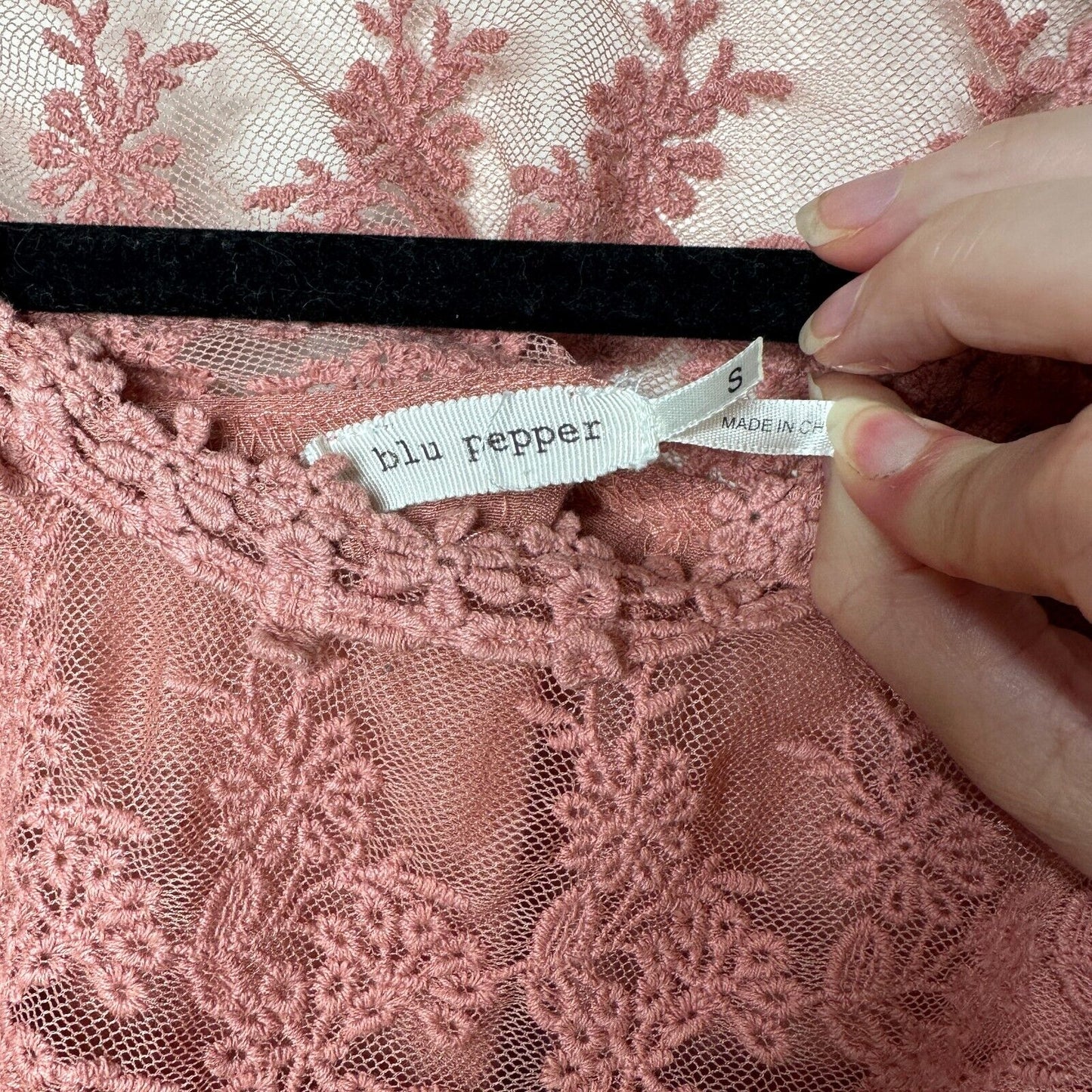 Blu Pepper Pink Apricot Floral Lace Bodice Blouse Long Sleeve Roll Tab Sleeve S