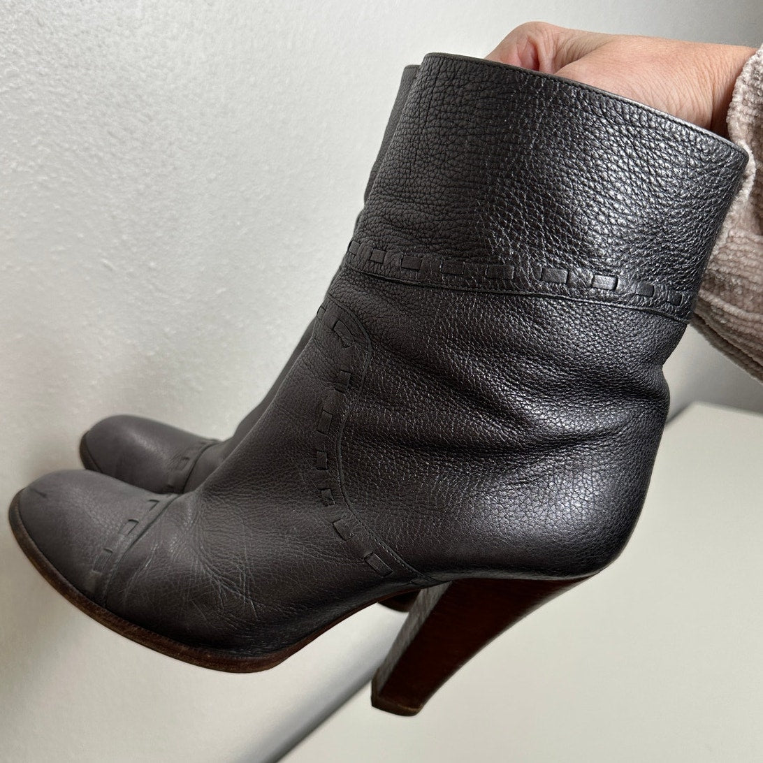 Marc Jacobs Gunmetal Silver Round toe Wooden Heel Ankle Boot 37.5 / 7