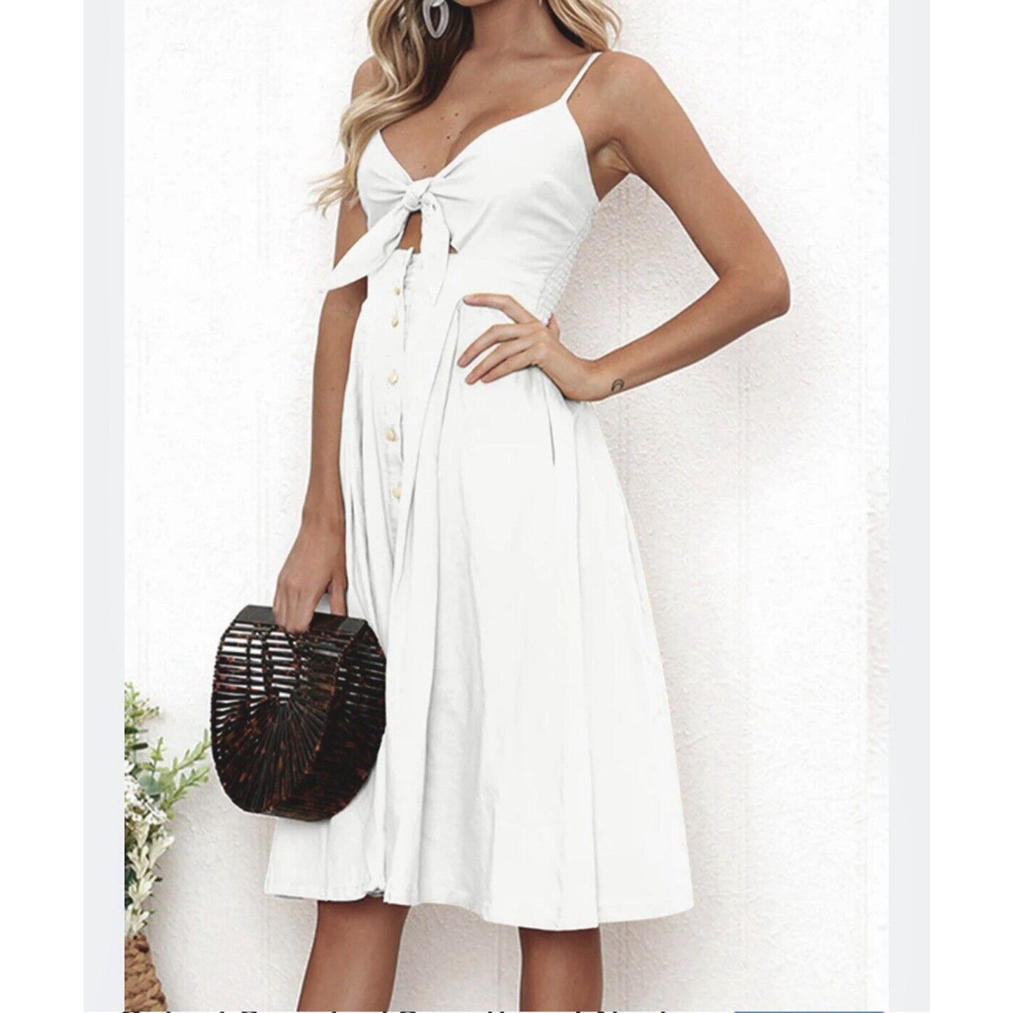 White Front Tie Spaghetti Strap Open Stomach Front Button Flowy Summer Dress M