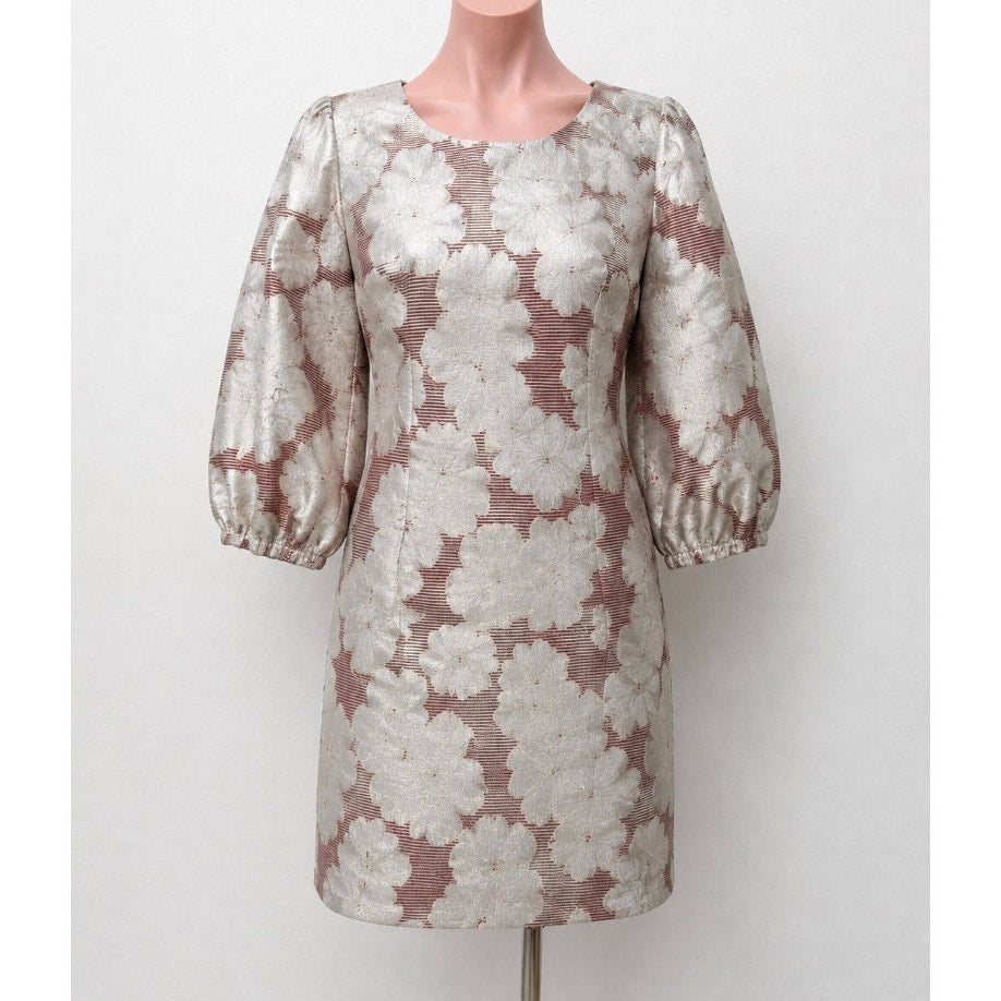 Belle Badgley Mischka Red & Gold Metallic Stripe Floral Balloon Sleeve Dress 2