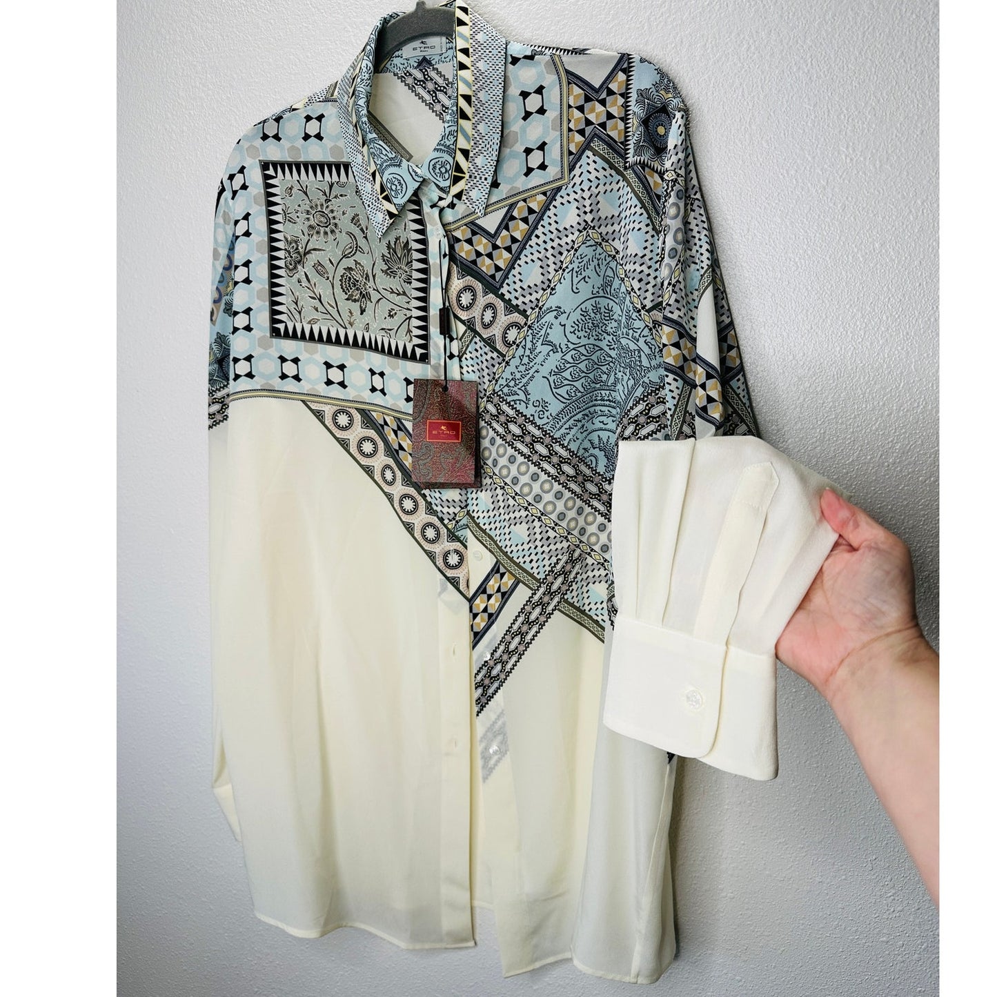 ETRO Pastel Cream Blue Multi Geometric Print Button Collar Silk Blouse  46 / L