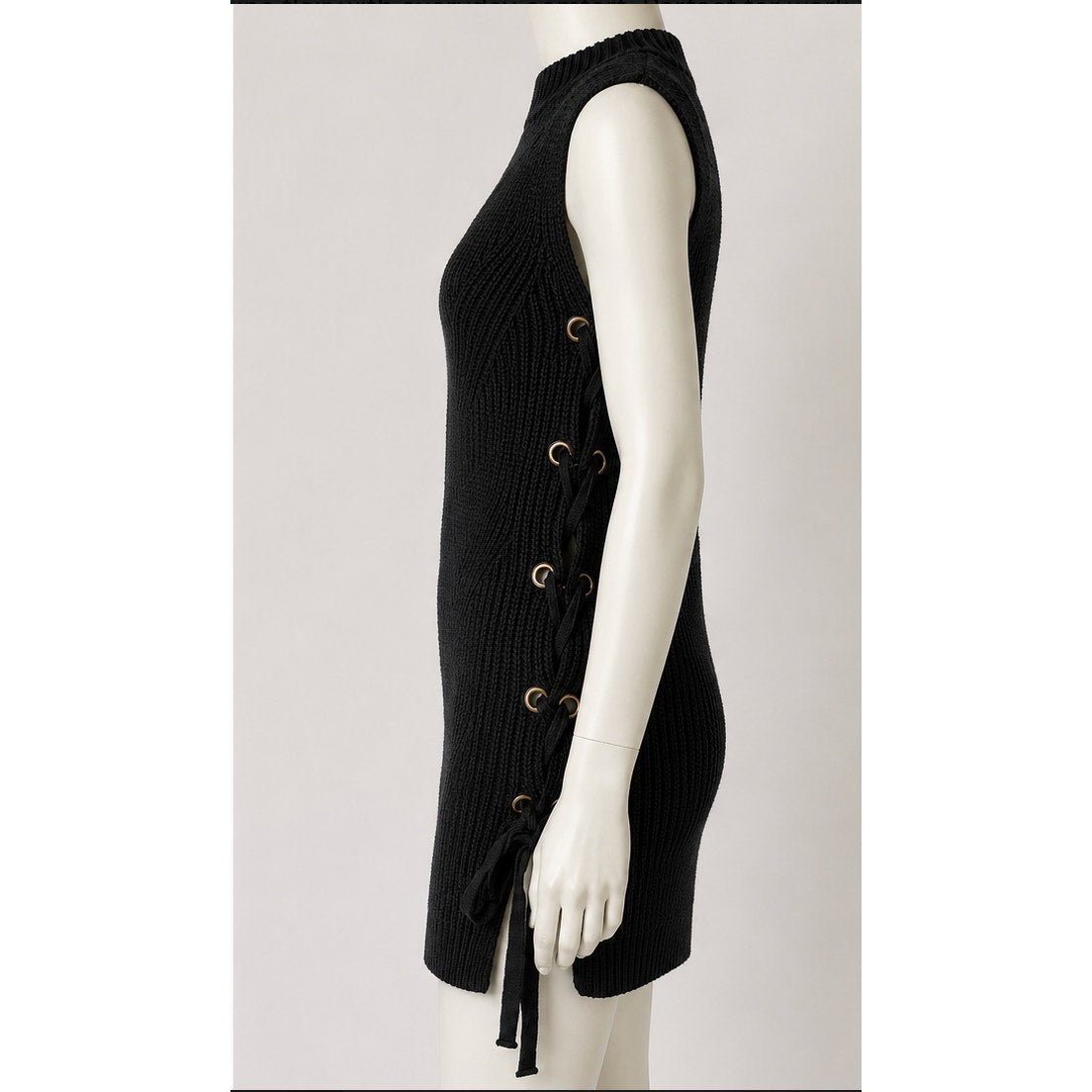 Monteau Black Sleeveless Ribbed Sweater Mini Dress Side Grommet Tie-Lace Up S