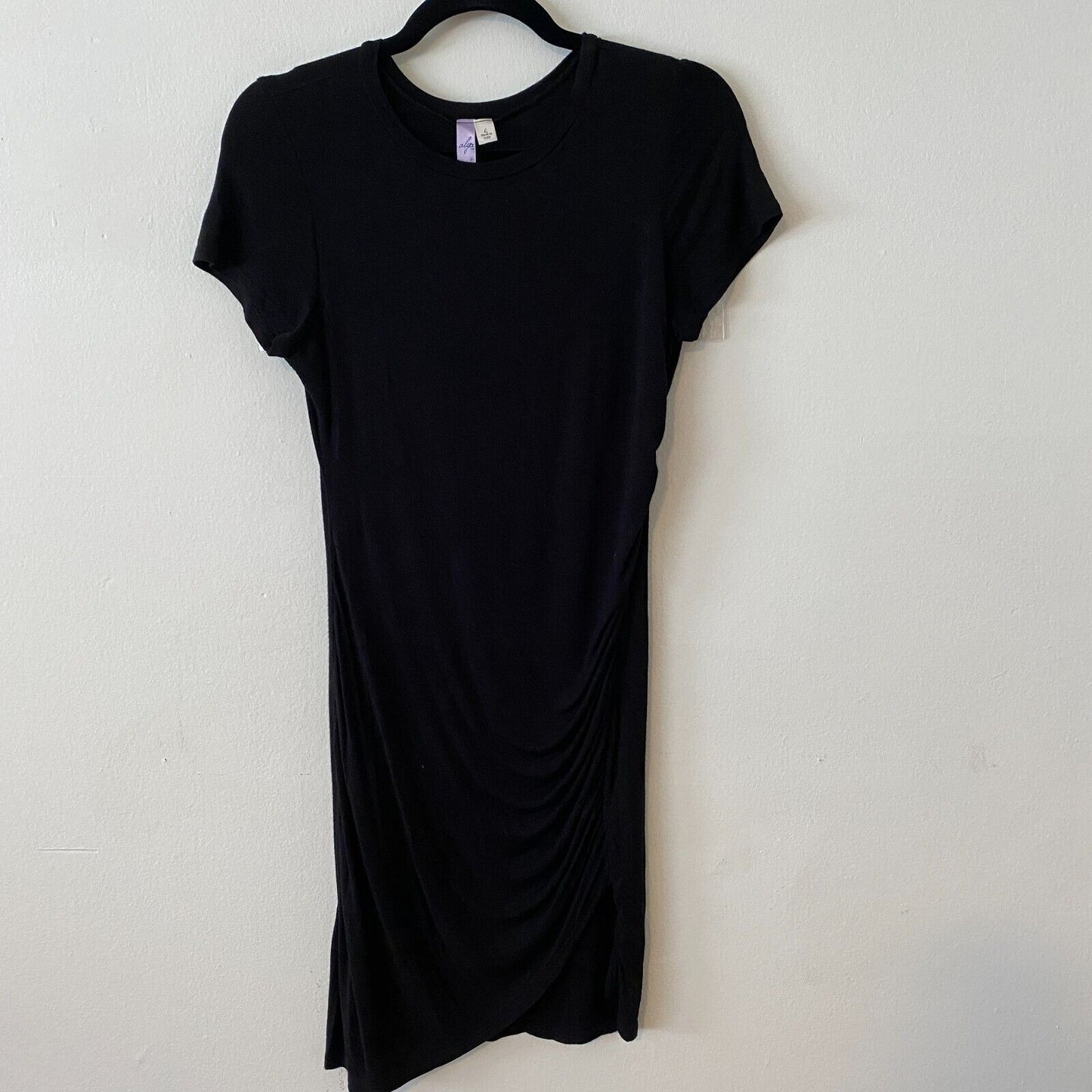 Alya Cute Black Bodycon Stretchy TShirt LBD Dress Asymmetrical Ruched Side Large
