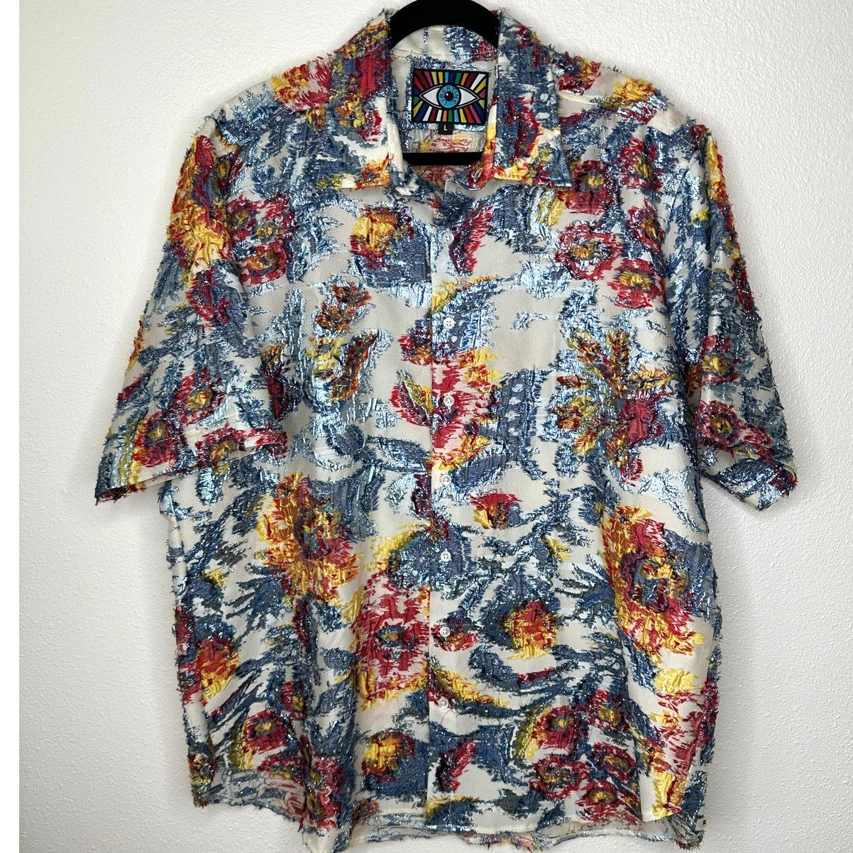 Libertine Cream Red Blue Gold Metallic Embroidered Button Down Short Sleeve Shirt L