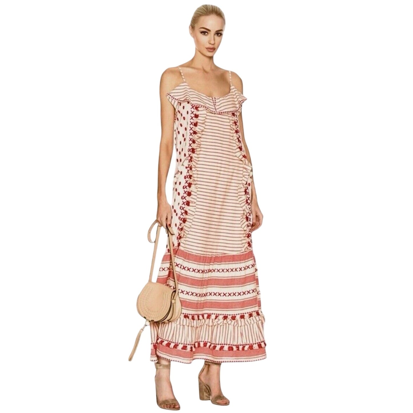 DODO BAR OR Cute Tan & Red Striped Polka Dot Ruffle Fringe Maxi Sun Dress S