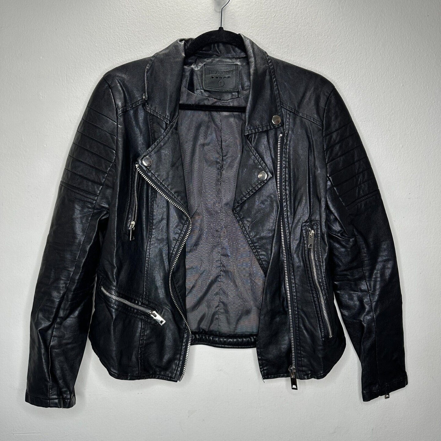 BlankNYC Black Faux Leather Zip Moto Jacket Quilted Shoulders & Back Design SM