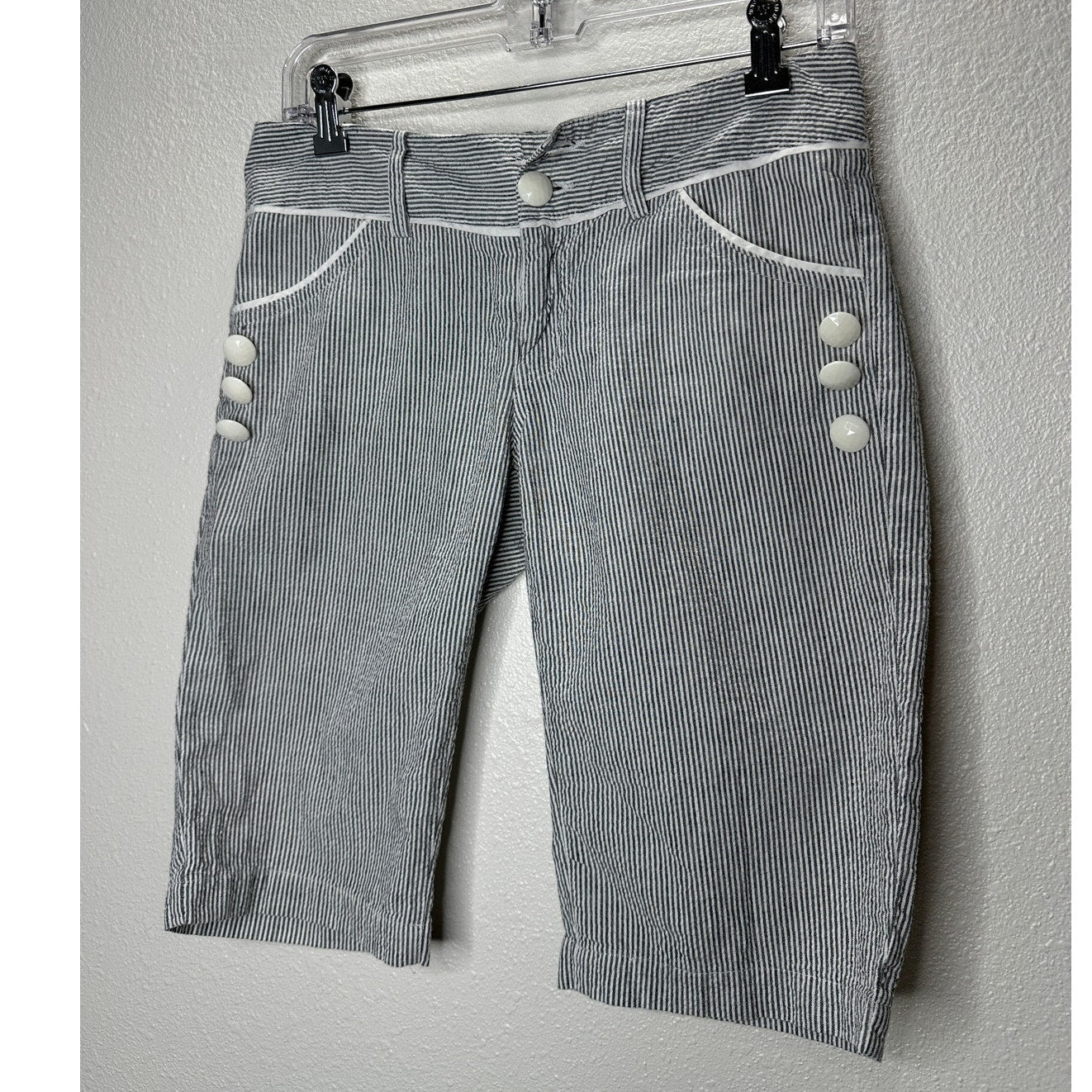 Pixxi Gray & White Striped Bermuda Shorts White Trim & Button Detail M