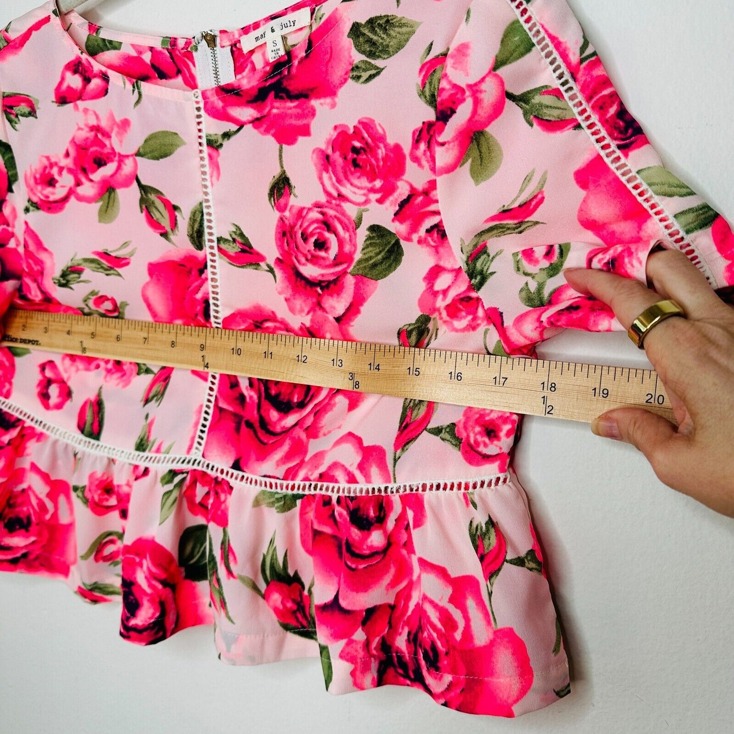 May & July Hot Pink and Green Floral Rose Short Sleeve Peplum Crop Blouse S