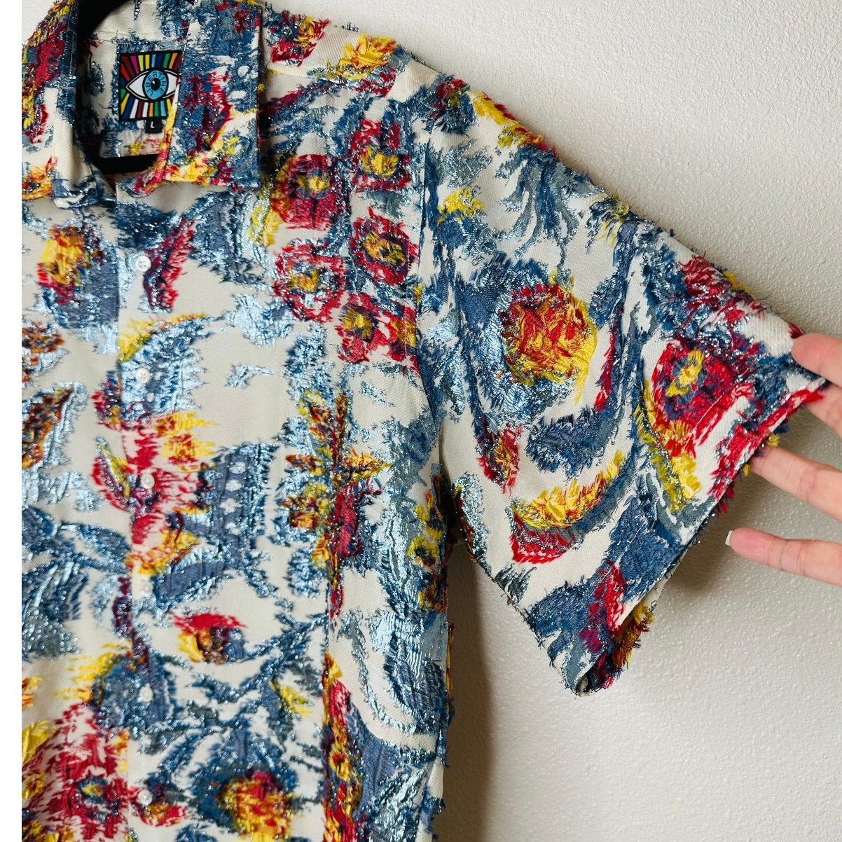 Libertine Cream Red Blue Gold Metallic Embroidered Button Down Short Sleeve Shirt L