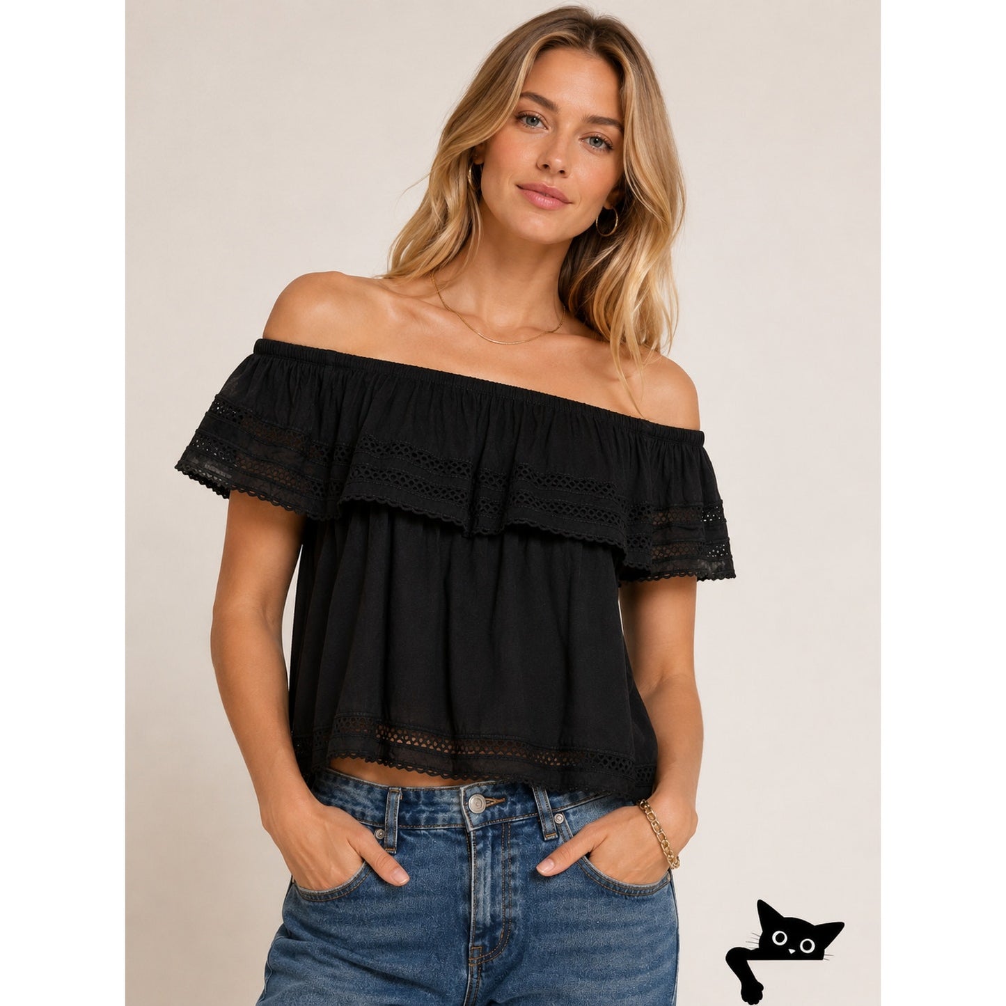 Aritzia Wilfred Hollande Black Off Shoulder Crochet Ruffle Crop Boho Blouse XS
