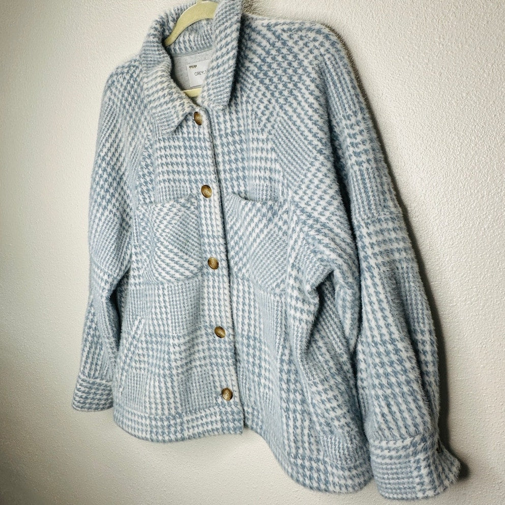 Greylin Blue & White Houndstooth Check Plaid Button Front Collared Jacket L