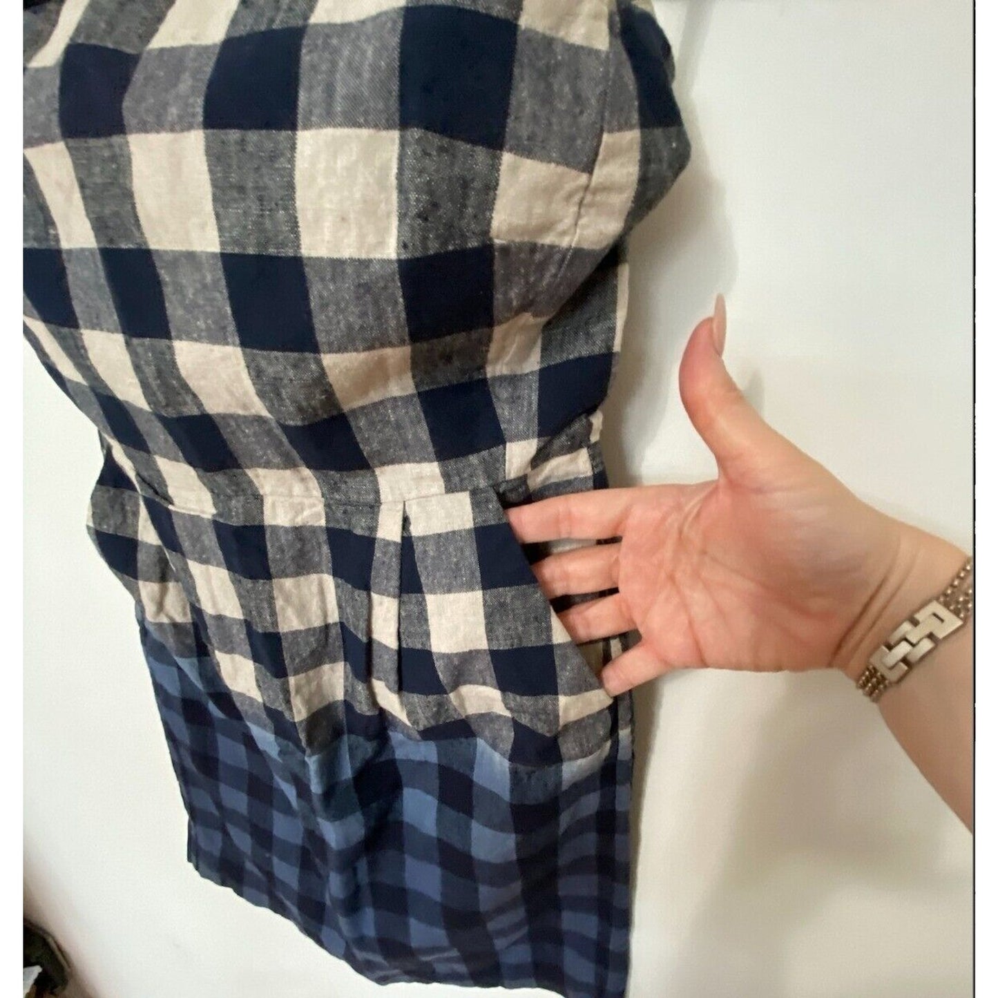 Gap Cute Plaid Linen Tan Black Blue Navy Ombre Strapless Dress Side Pockets 2