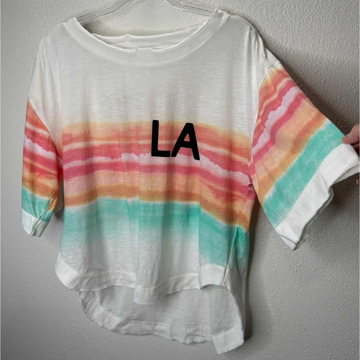 Daily Practice Ivory Peach Teal Striped LA logo High Low Tee XXS
