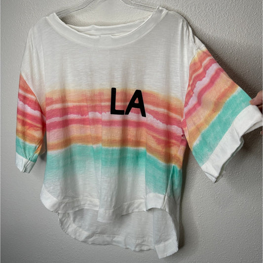 Daily Practice Ivory Peach Teal Striped LA logo High Low Tee XXS