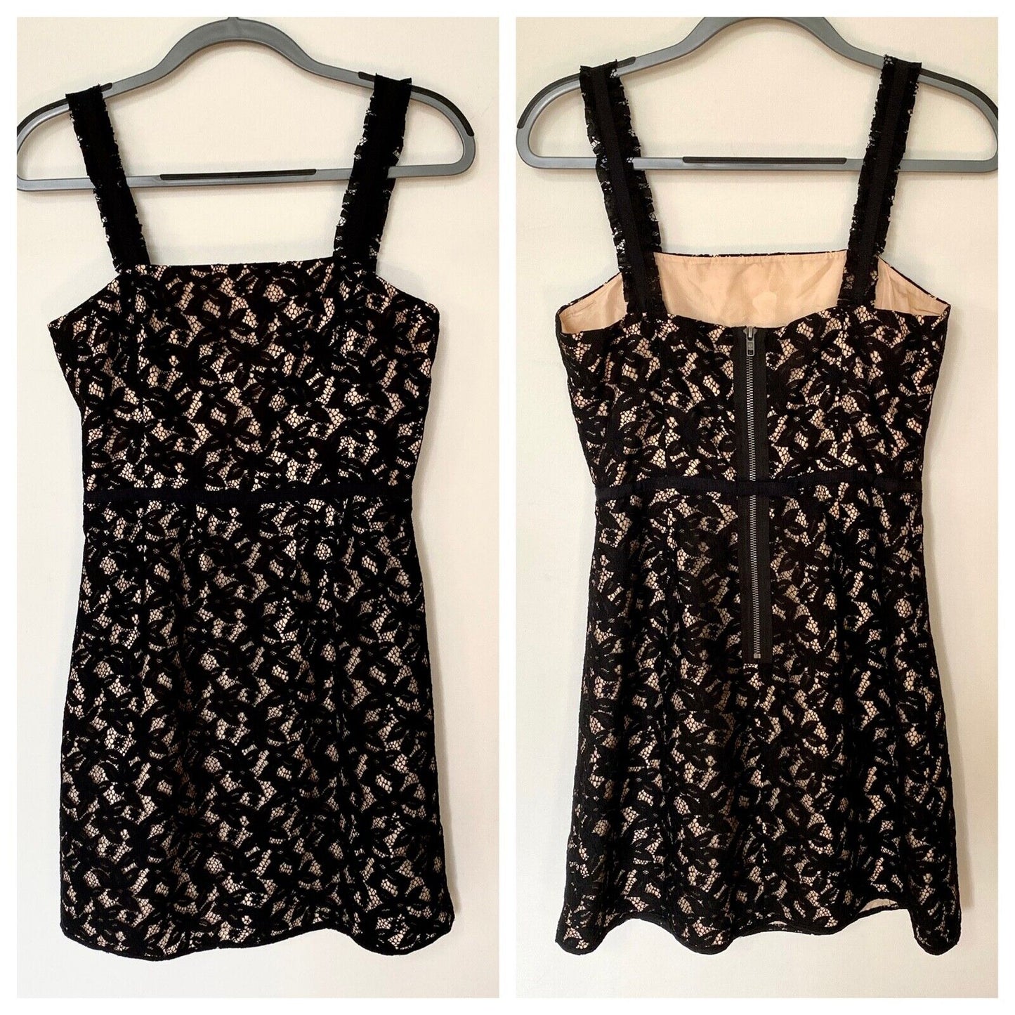 Juicy Couture Black Lace Tan Satin Lined Spaghetti Strap Zip Sheath Dress 4