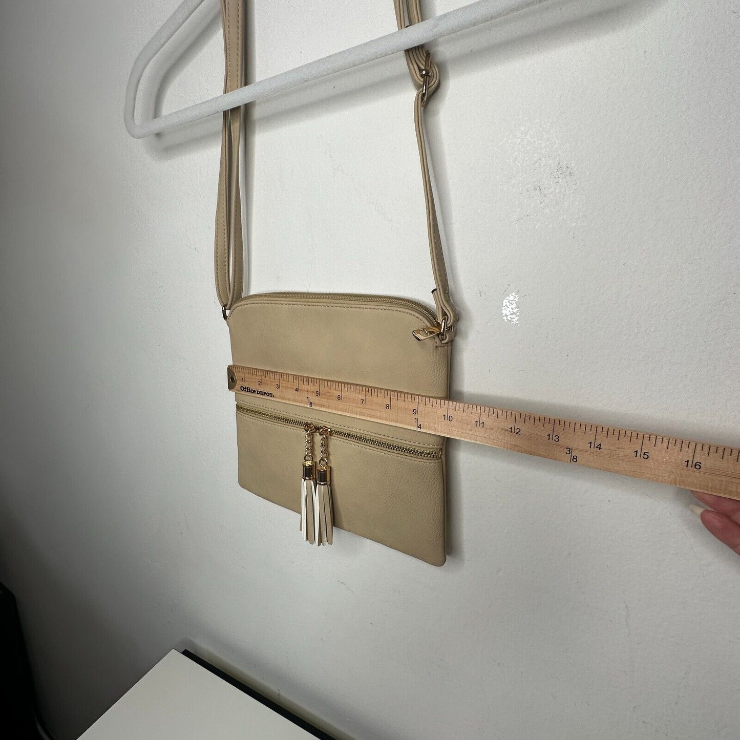 Desert Sand Tan and Gold Crossbody Bag Tassel Blue White Striped Interior Strap