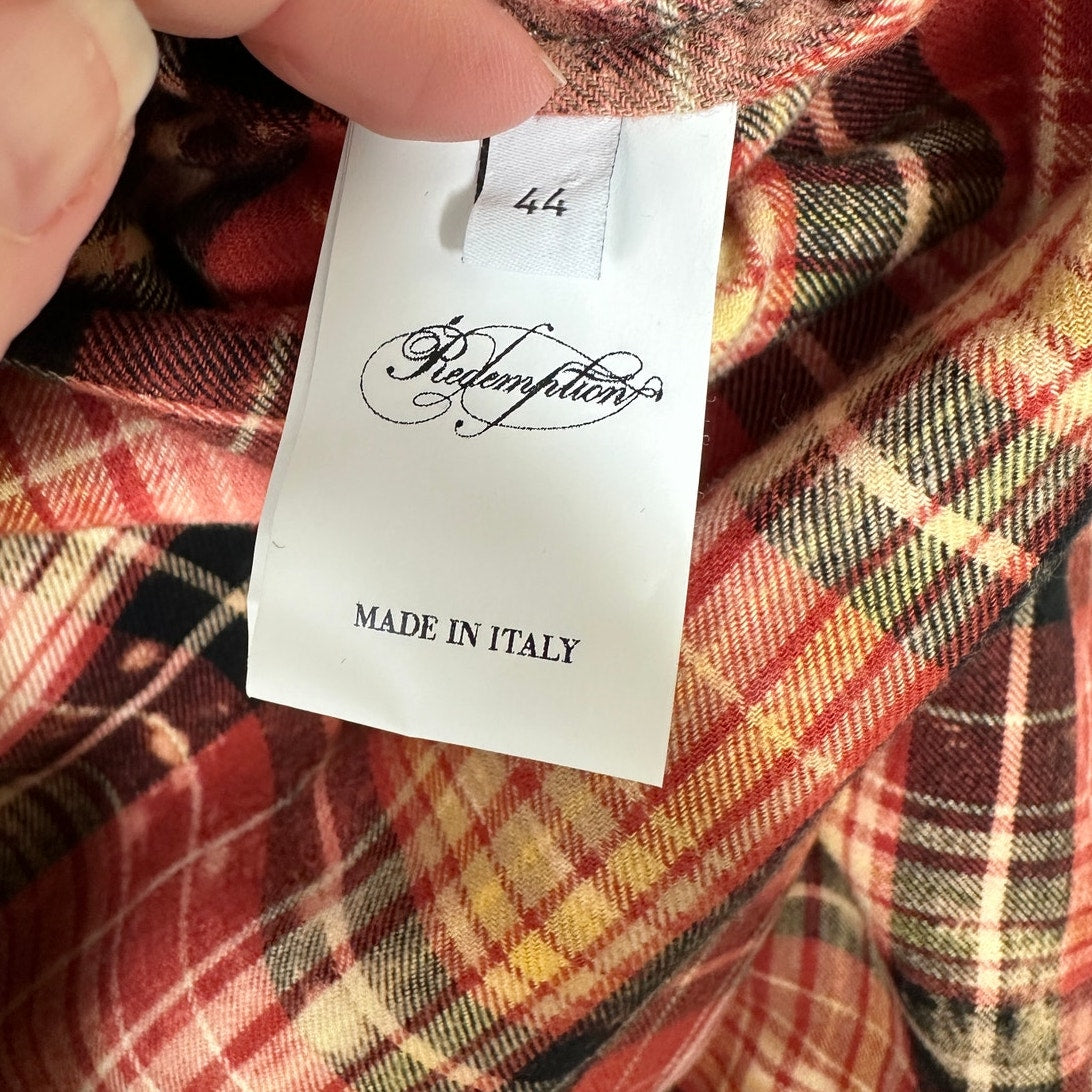 NWT Redemption Handmade Distressed Olive Military Shirt with Plaid Hem 44 / M