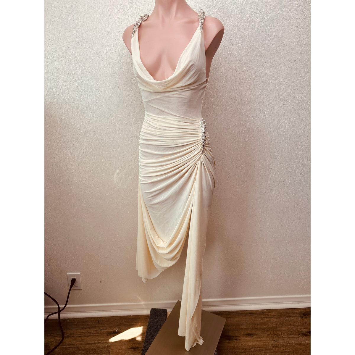 NWT David Koma Cream Crystal Claw Draped Mesh Dress US 6