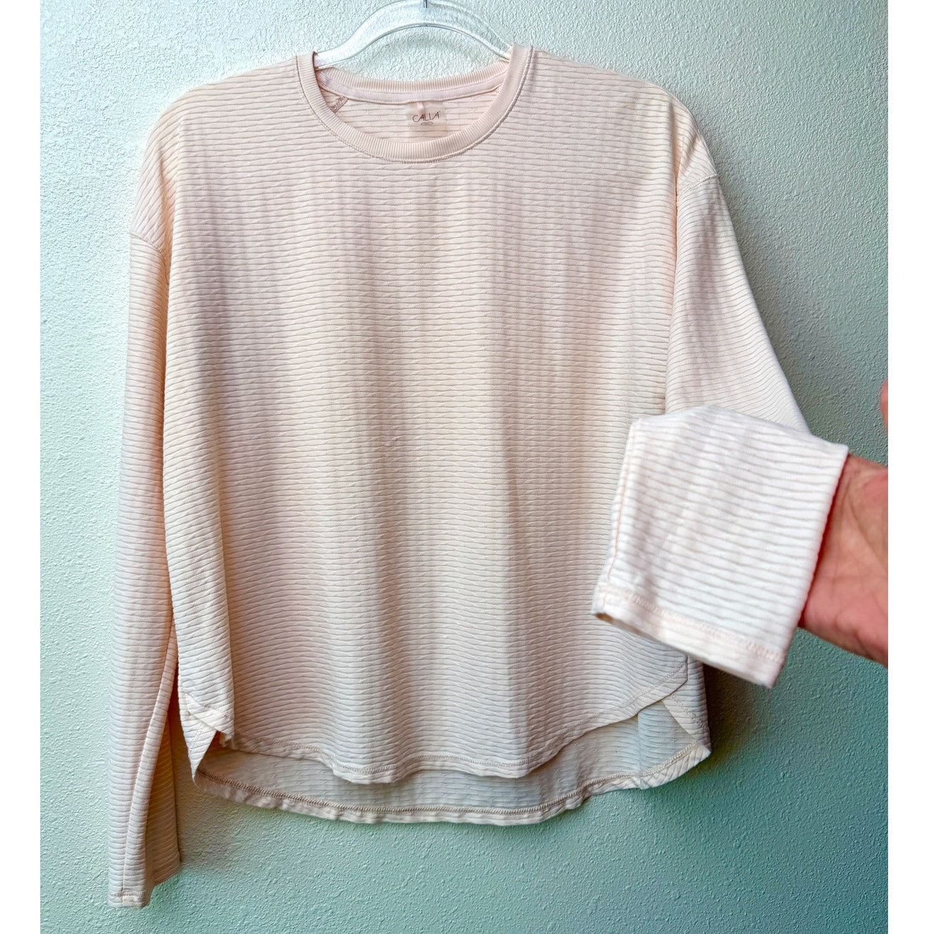 CALIA Ivory Peach Textured Long Sleeve Top Side Slit Relaxed Fit M