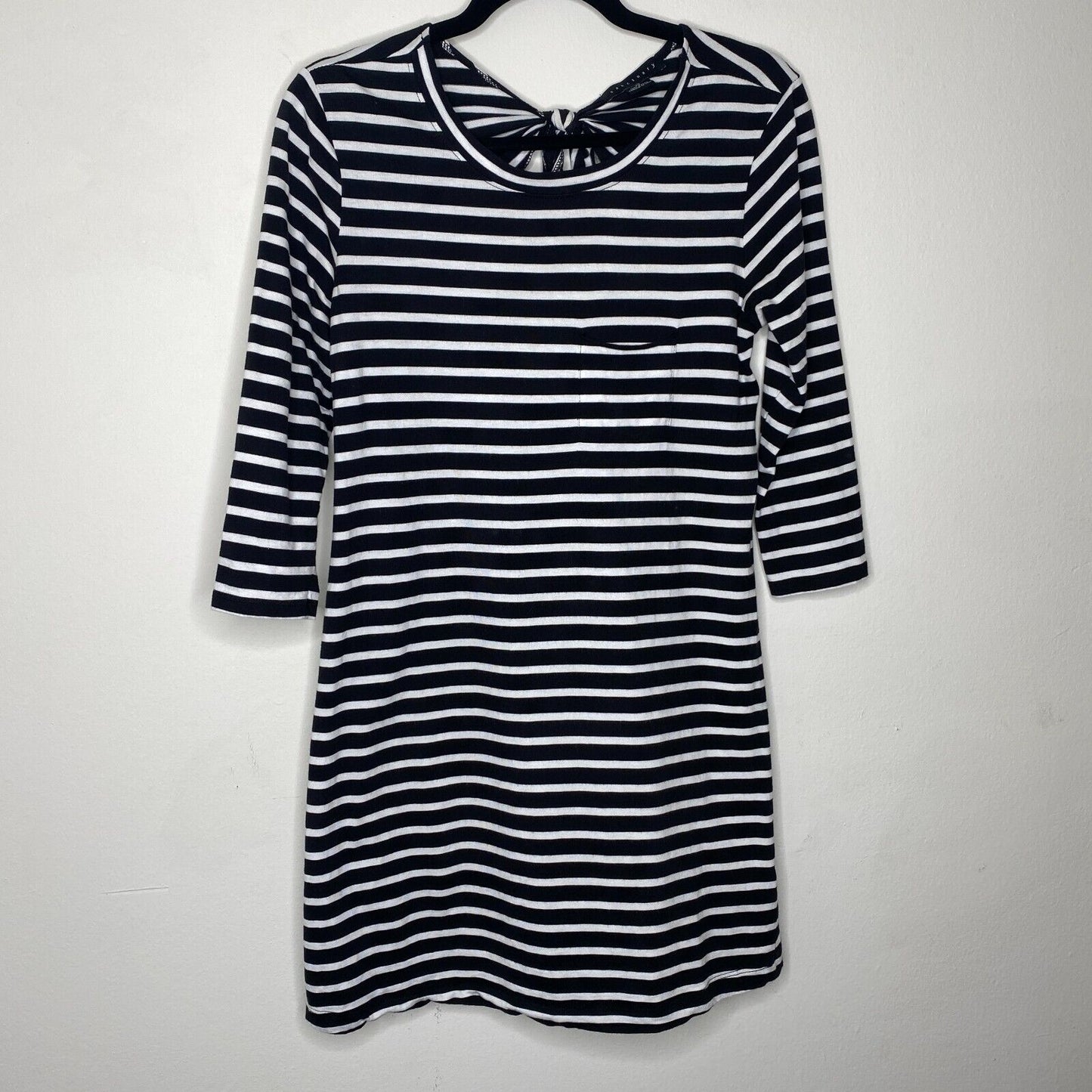 Evereve Sanctuary 3/4 Sleeve Black & White Stripe Open Back Tie Neck Dress XS