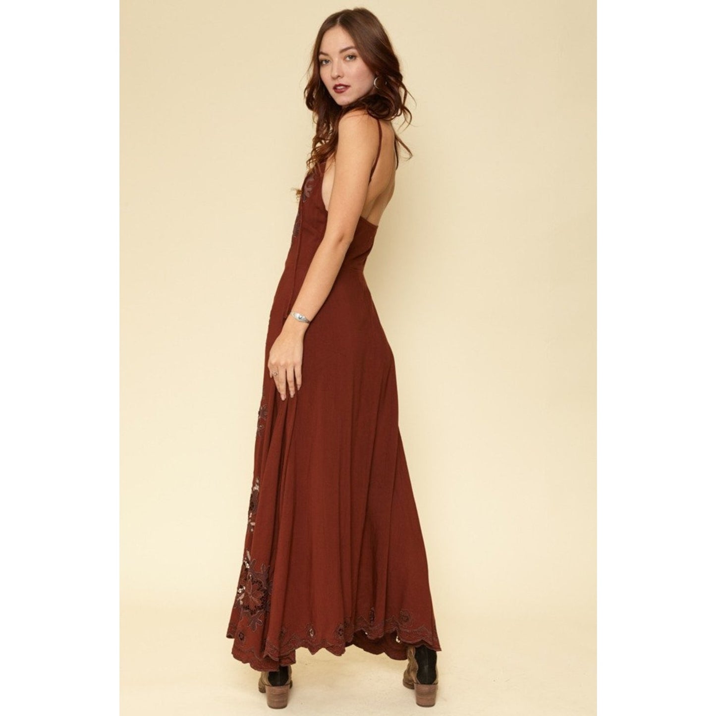 Cleobella Annie Chestnut Brown Lace Up Crochet Split Front Midi Dress XS