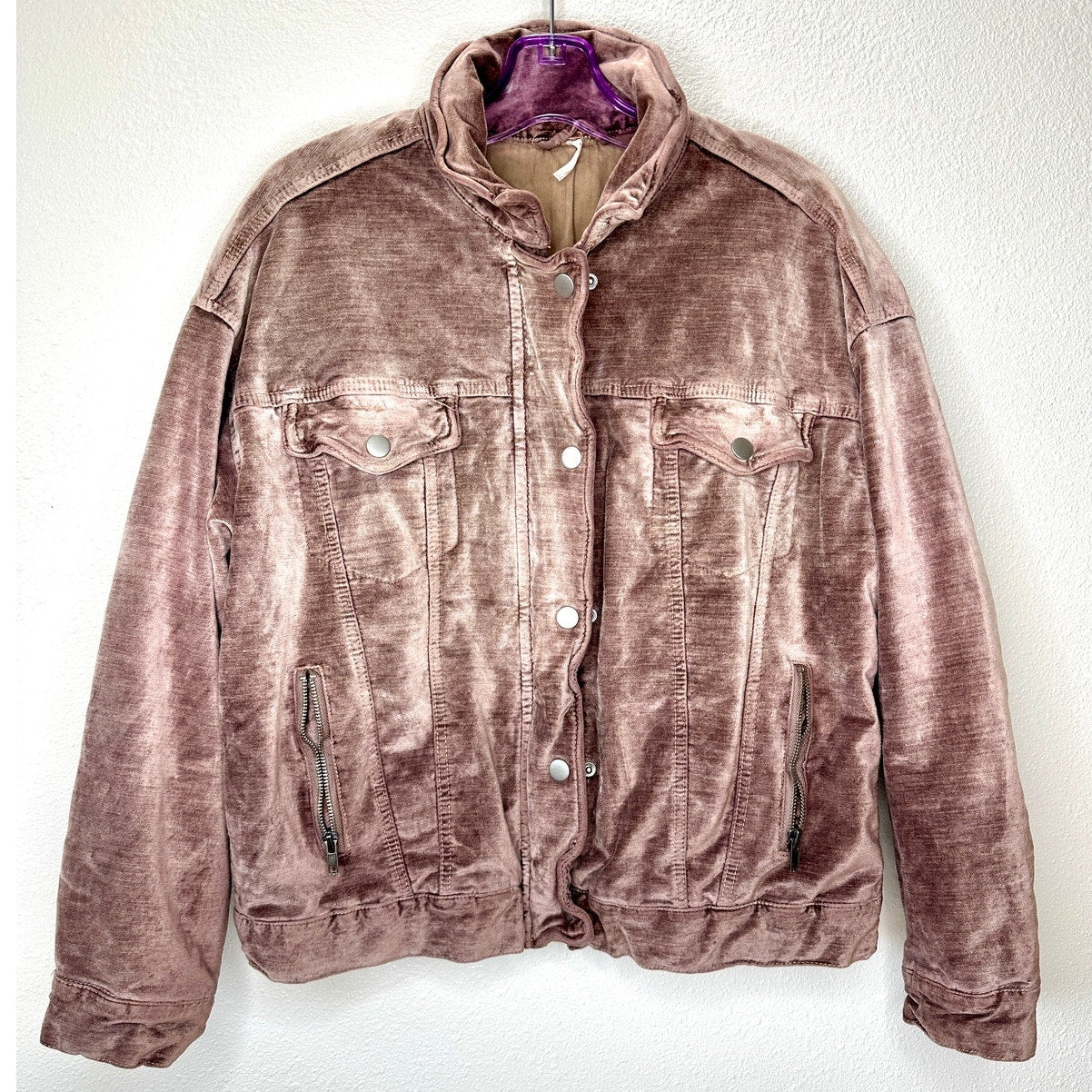 Free People Mauve Velvet Front Zip Trucker Bomber Jacket XS / S