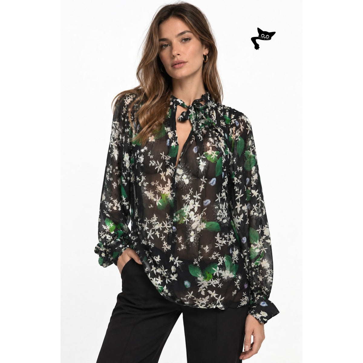 Isolda Silk Floral Tie Neck Sheer Blouse Black Green Women's US M