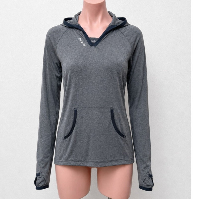 Reebok Gray Long Sleeve Light Hooded Pullover Running Shirt Front Pockets XS