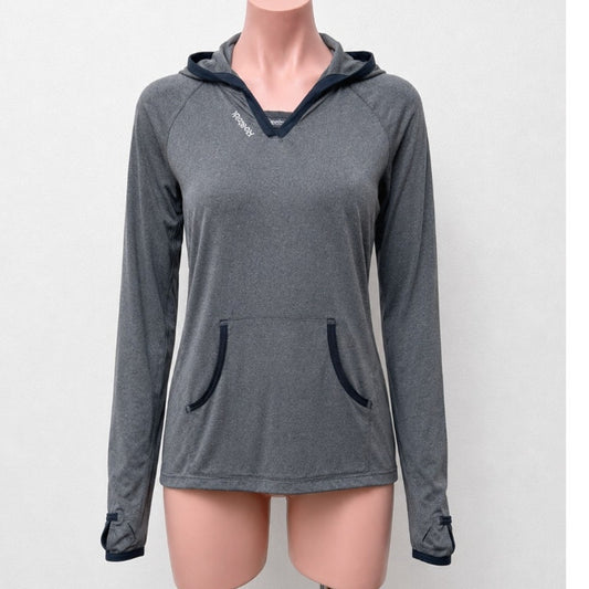 Reebok Gray Long Sleeve Light Hooded Pullover Running Shirt Front Pockets XS
