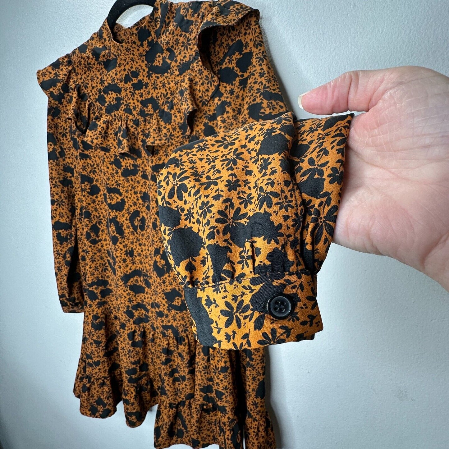NWT Burnt Orange & Black Floral High Neck Ruffle Long Sleeve Dress 2