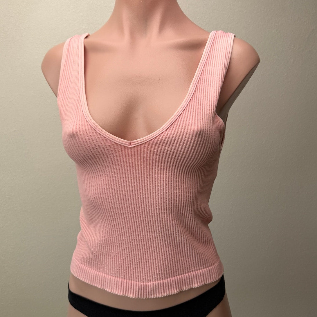 Niki Biki Pink Ribbed Cropped Tank Top V-Neck Stretch Sleeveless OS
