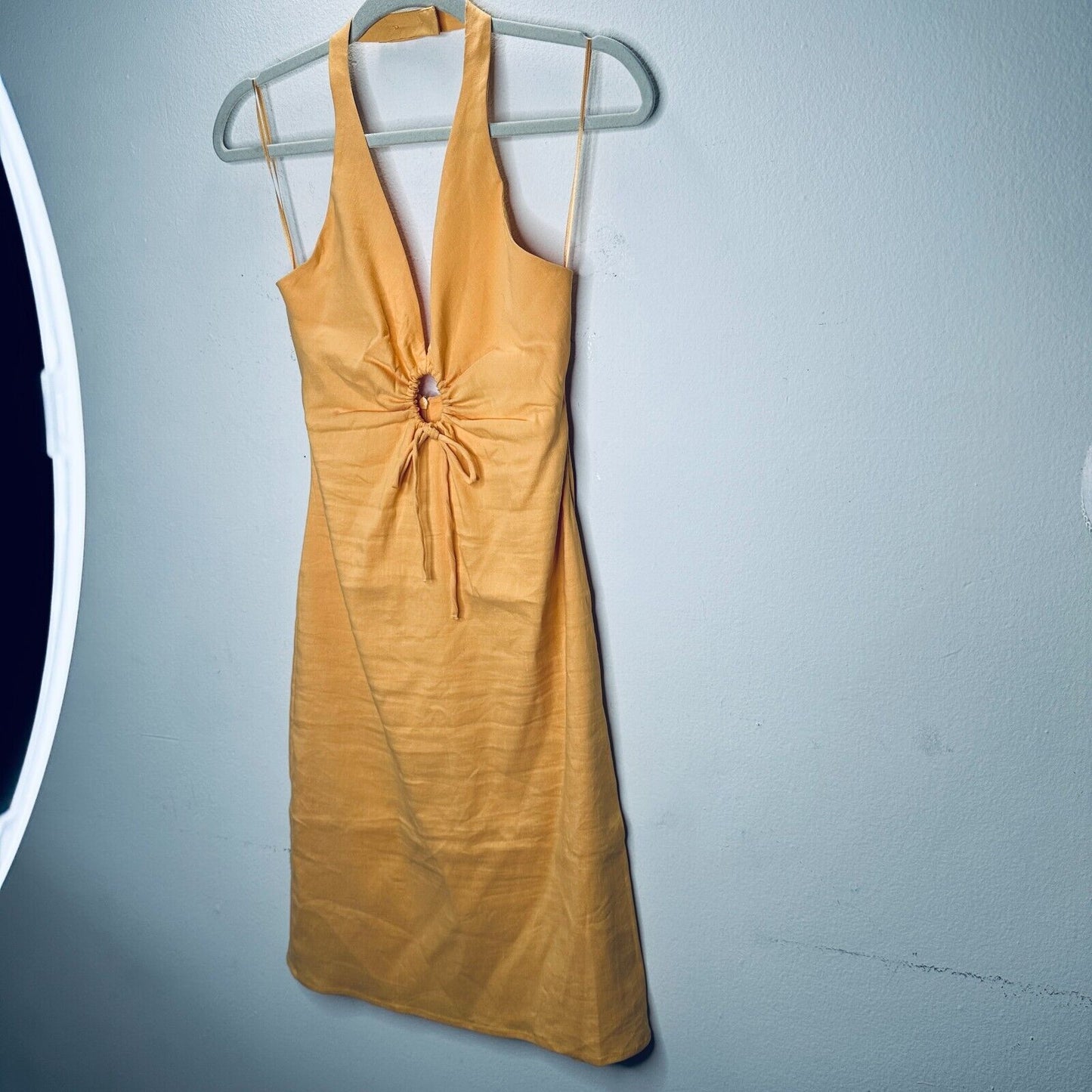 Zara Mustard Yellow Halter V-Neck Sun Dress O-Ring Cutout Front Open Back Small