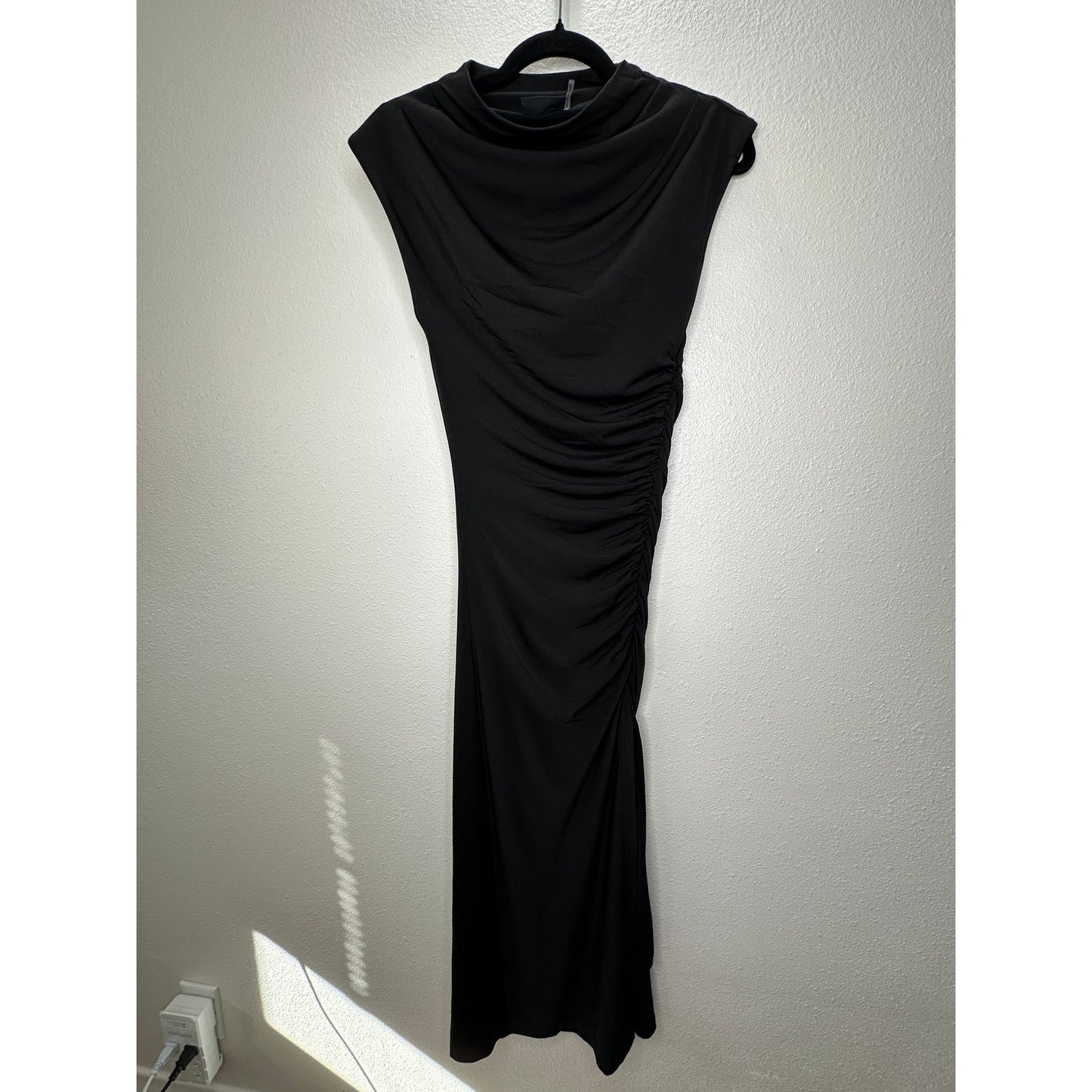 VICI Black Elisabeth Mock Neck Cap Sleeve Side Slit Ruched Midi Dress XS
