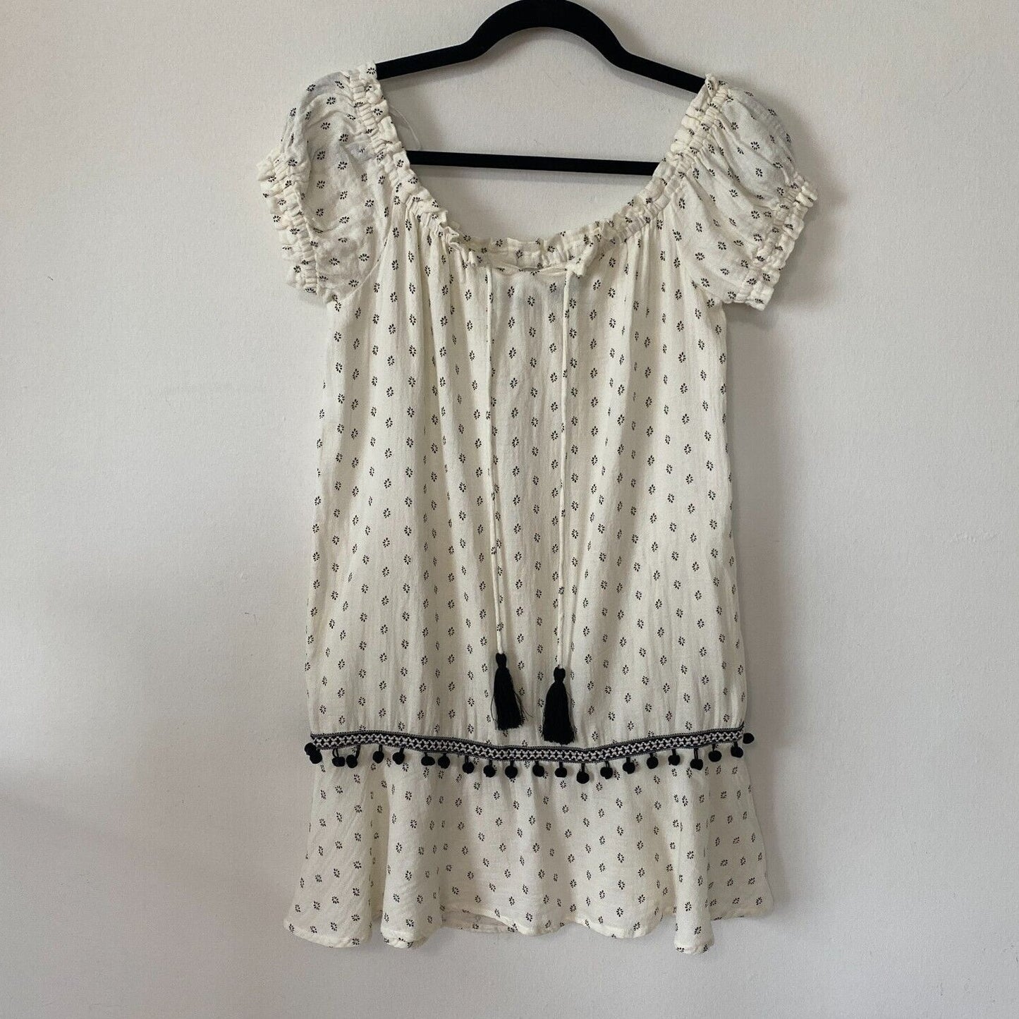Minkpink Off-Shoulder Common Ground Cream Black Ruffle Mini Dress Pom Tassel XS