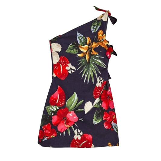 Zara Navy Red White Floral 3 Side Tie One Shoulder Mini Dress Side Zip Medium